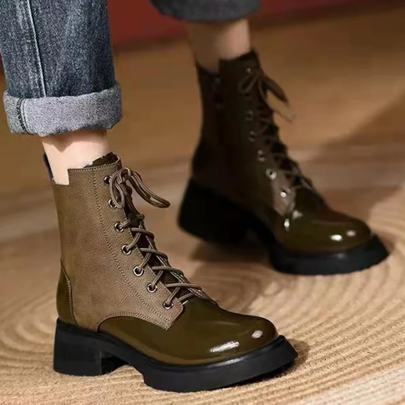 

Rimocy Chunky Platform Women's Ankle Boots 2021 Patent Leather Thick Heels Short Booties Woman Patchwork Lace Up Shoes Ladies