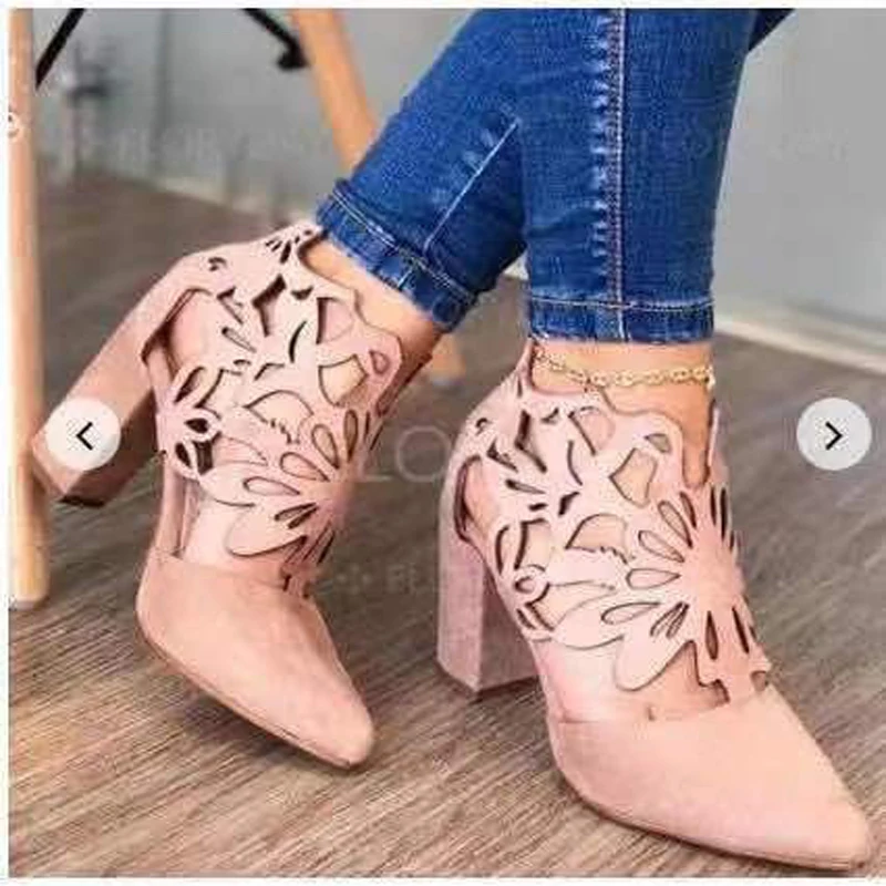 

Brangdy Summer Women Sandals Low-Cut Frosted Hollow Pointed Soft Leather Thick Heel Women Boots Roman Yellow Black Pink Sandals