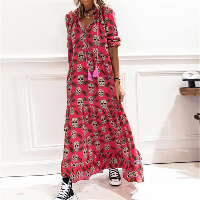 

Vintage party dress, women's skull pattern, loose long sleeve collar, A-cut, with