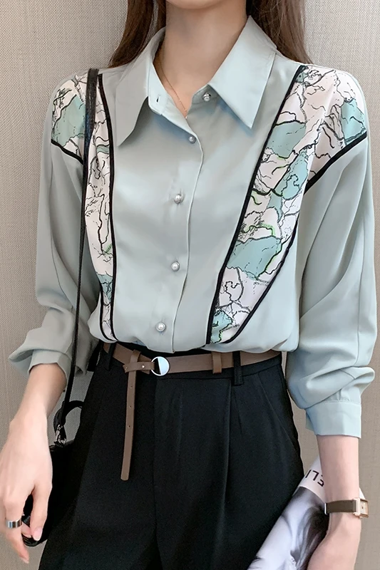 

New Long-sleeved Blouse Lapel Korean Stitching Printing Tops Comfortable Casual Blouses Spring and Summer Plus Size Leisure