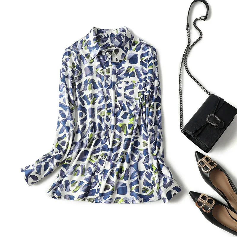 

Real Silk Printed Shirt Women's 2021 Autumn New Women's Clothing Lapel Versatile Printed Mulberry Silk Blouse