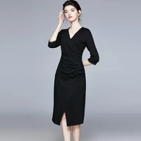 2021 spring and autumn women s black dress v neck 34 sleeves beaded slim slimming sheath fishtail dress women elegant