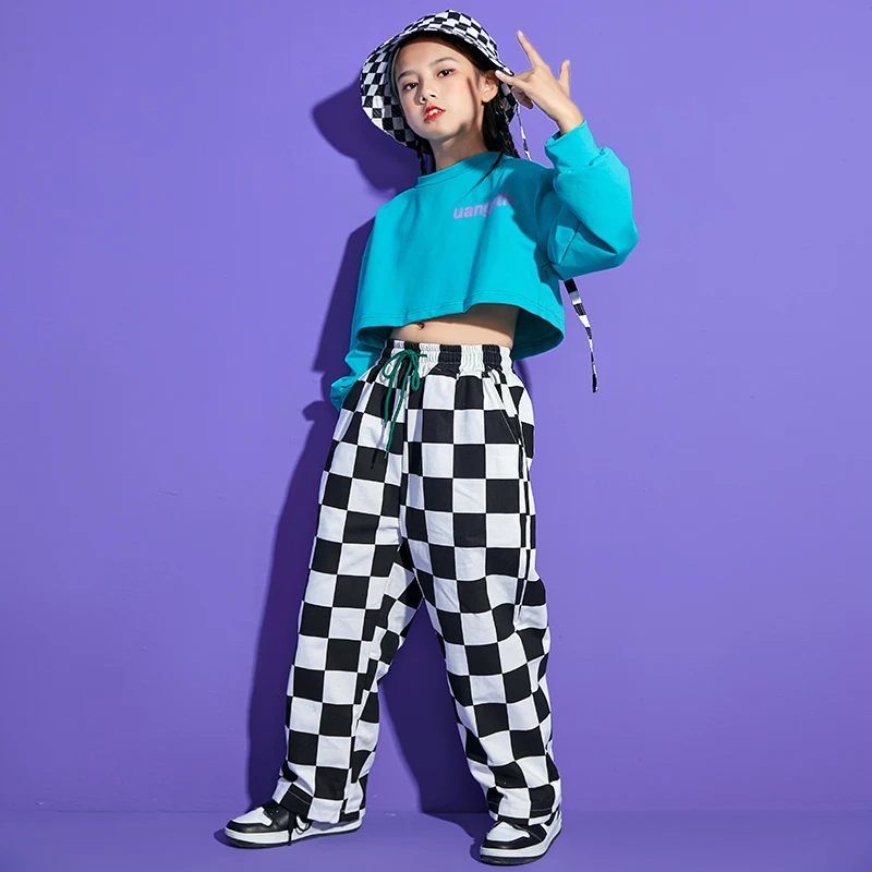 

Kids Kpop Hip Hop Clothing Sweatshirt Crop Tops Streetwear Checkered Casual Jogger Pants For Girl Boy Jazz Dance Costume Outfits