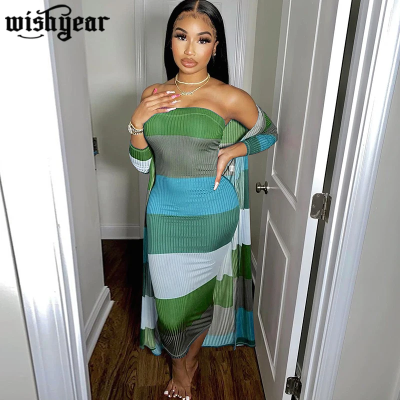 

Colorful Stripe Ribbed Two Piece Set Woman Slash Neck Bodycon Dress And X-Long Overcoat Fashion Casual High Street Tracksuit