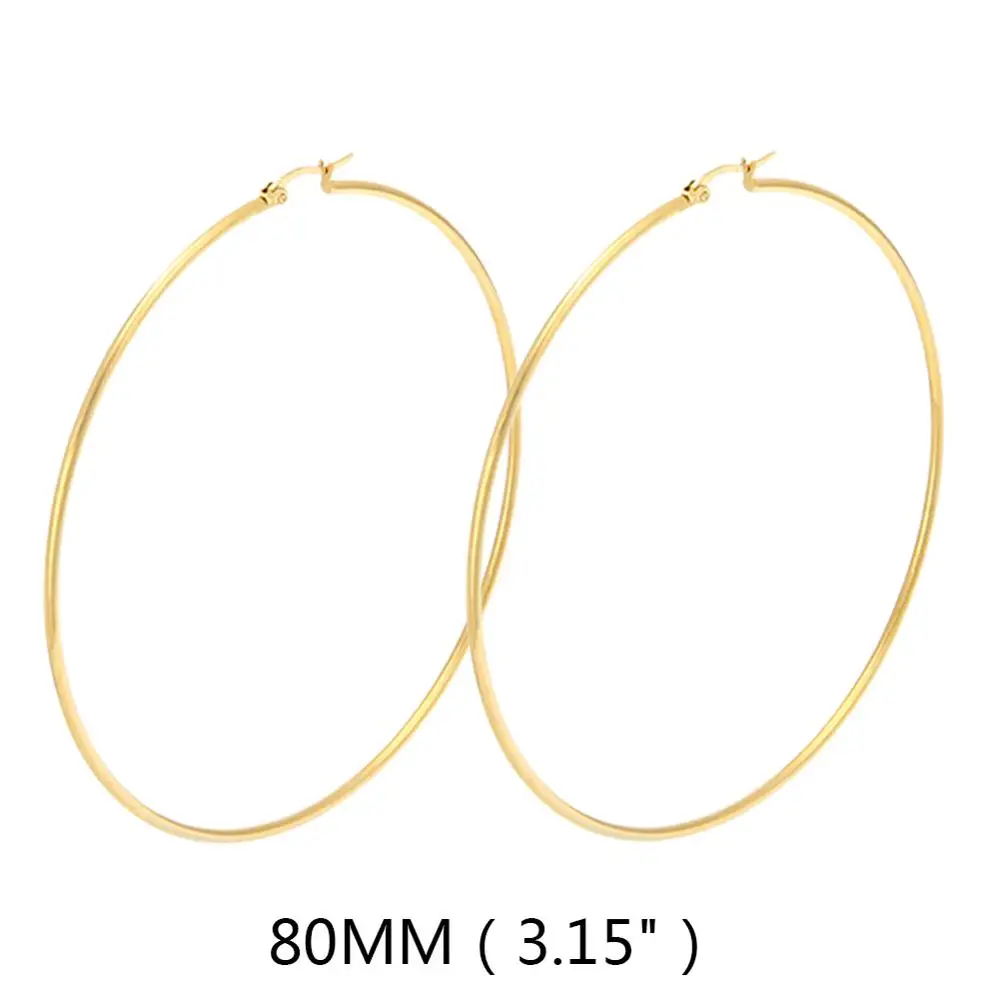 80mm Gold Простые круглые серьги из нержавеющей стали 316L золотого цвета, модные женские очаровательные серьги, кольцо для ушей, ювелирные изделия для леди, подарок, серьги doreilles - Окраска металла: 80mm Gold