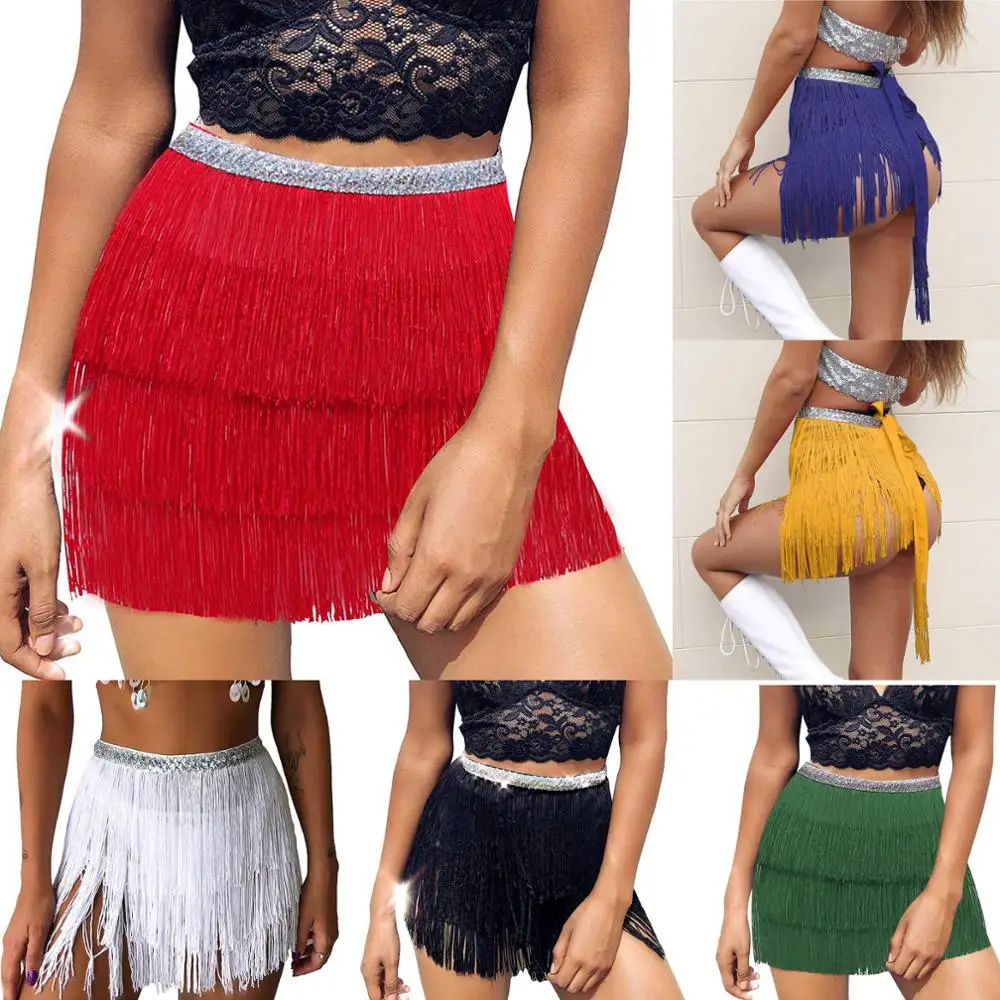 

Women Skirt Sequin Belly Costume Tassel Wrap Skirt Club Mini Skirt D60