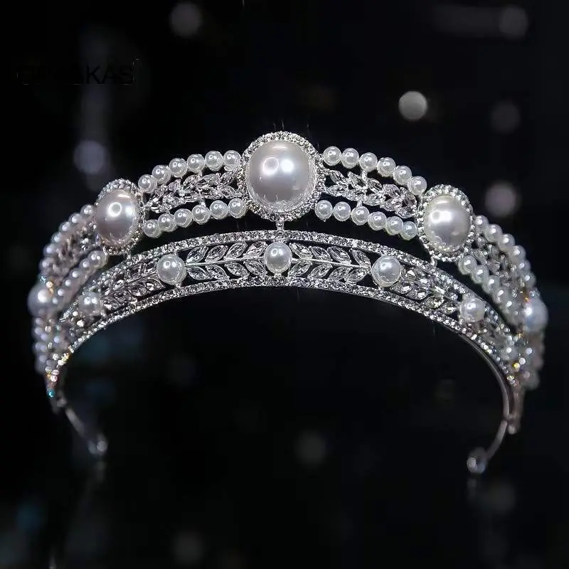 Double Layer Faux Pearls Crown Headband with Sparkling Rhinestones Luxury Handmade Headdress for Bridal Bridesmaid VL