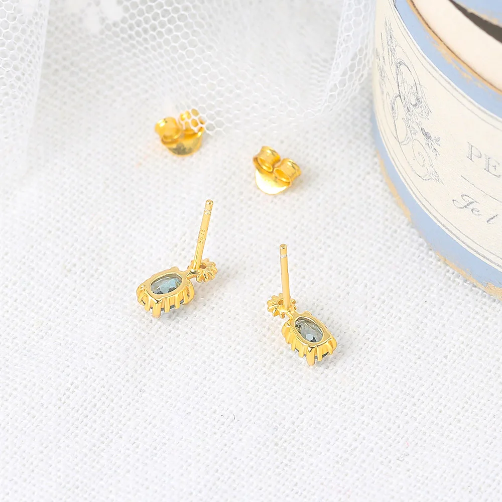 LAMOON Vingtate 925 Silver Stud Earrings For Women Natural London Blue Topaz Mini Earring 14K Gold Plated Fine Jewelry LMEI127 | Украшения