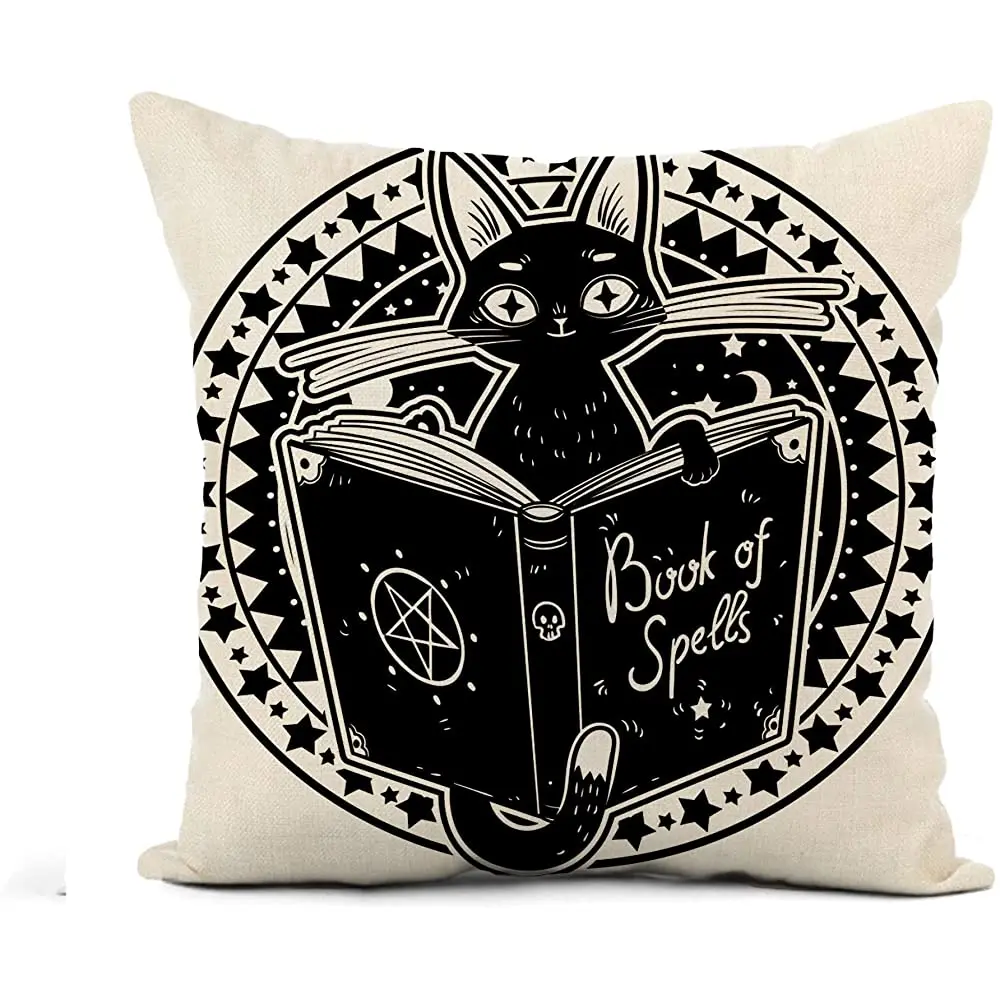 

Awowee Flax Throw Pillow Cover Black Witch Cat Reading The Book of Dark Magic 16x16 Inches Pillowcase Home Decor Square