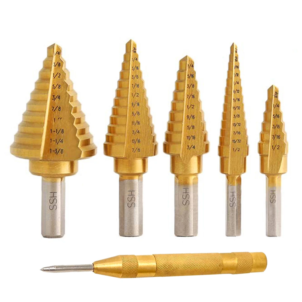 

6pcs HSS Titanium Coated Step Drill Bit Hole Cutter Drilling Power Tools Metal High Speed Steel Wood Hole Cutter Cone Drill Bit