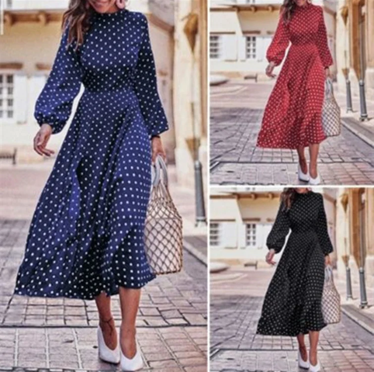 

Женское платье в горошек, с длинным рукавом и асимметричным подолом