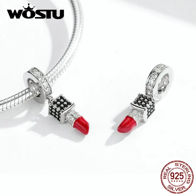 WOSTU 925 Sterling Silver Fashion Lipstick Charms Fit Original Bracelet Pendant Zircon Beads Wedding Party Jewelry Gift FIC1392 | Украшения