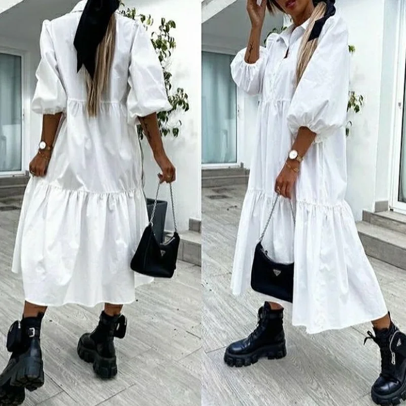 

Summer Dress Women Party Dress Casual Office Lady Loose Dress Retro Half Sleeve Solid Long Dress Dresses for Women 2021 Vestidos