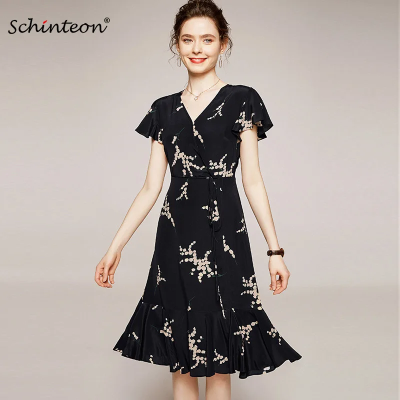 

Женское платье из 100% натурального шелка с принтом, элегантные облегающие черные платья с треугольным вырезом и коротким рукавом и поясом, ...