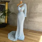 Женское вечернее платье-Русалка Sevintage, небесно-голубое платье с блестками и длинными рукавами, платье на одно плечо для выпускного вечера