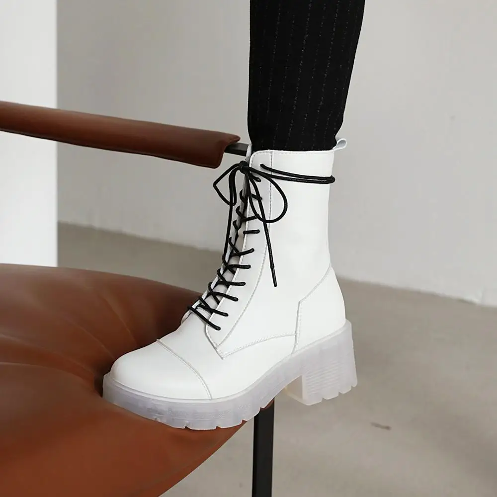 

Boots Women Round Toe Ankle Boots 2020 new lace-up platform boots fashionable transparent non-slip sole white boots for women 39