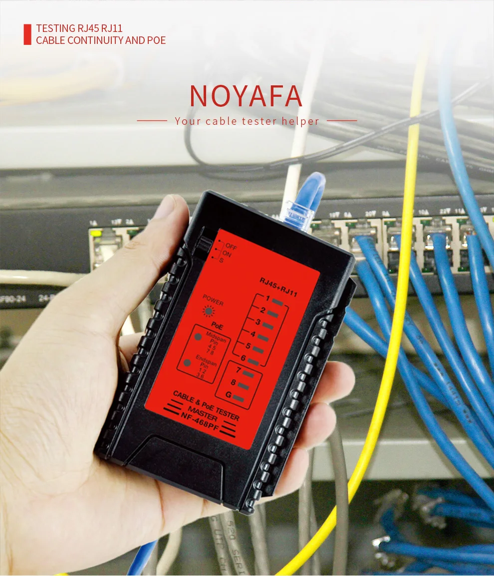 

NOYAFA NF-468PF тестеры непрерывности кабеля POE Тестер проверка кабеля RJ11 и RJ45 быстрое обнаружение автоматического тестирования непрерывности