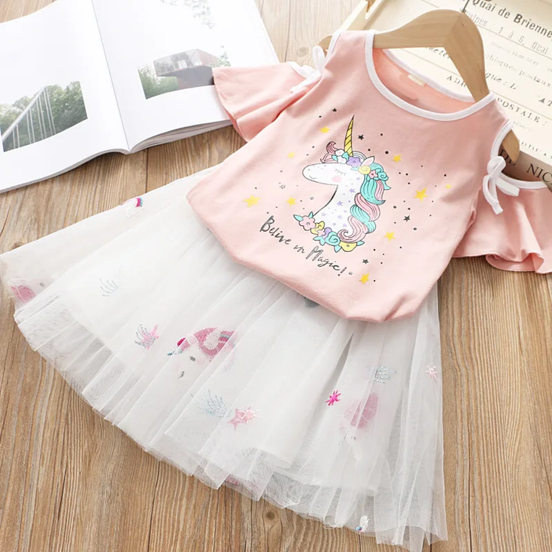 Детский летний комплект одежды для девочек набор детской с принтом единорога и