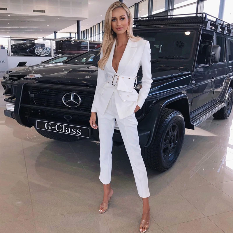 INDRESSME Модный комплект из двух предметов, v-образный вырез, длинный рукав, золотистая Пряжка, блейзер с поясом, прямые брюки, новинка, женские костюмы