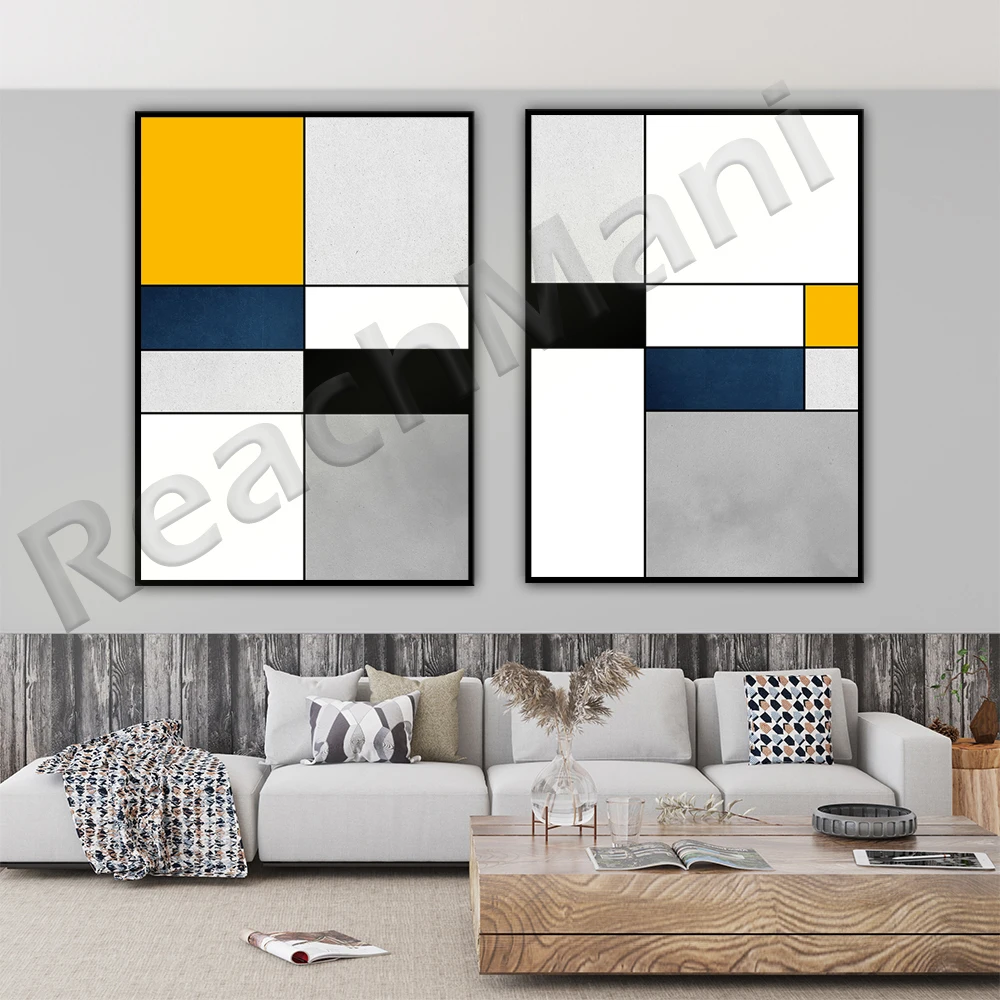 

Abstract Geometric Wall Art Prints Mid Century Modern Art Navy Blue Black Yellow Art Printable Bauhaus Posters