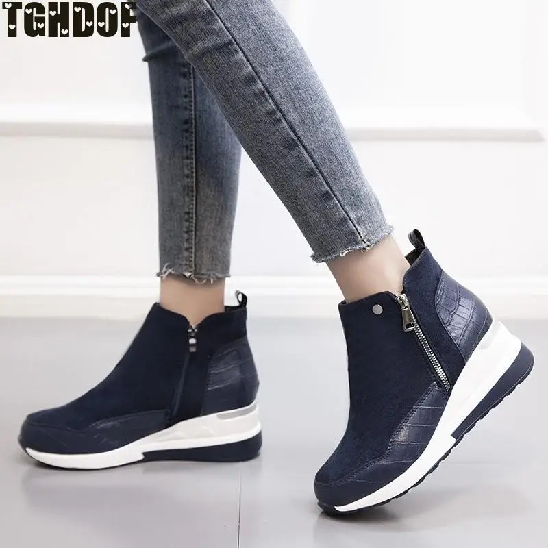 Shoes Women's PU Fashion High-top Flannel Casual Shoes Women's All-match Flat-bottom Zipper Walking Ladies Breathable Flat Shoes