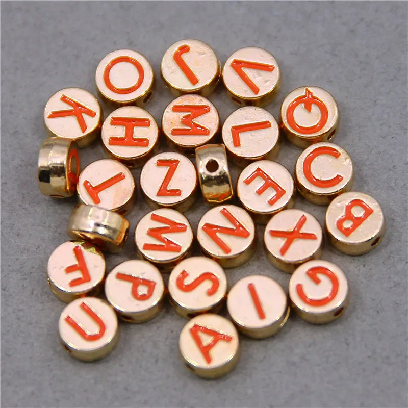 

10/26PCS Flat Round 8*4MM Orange Enamel Letter Beads Metal Beads Alphabet Spacer Beads For Bracelet DIY Jewelry Making