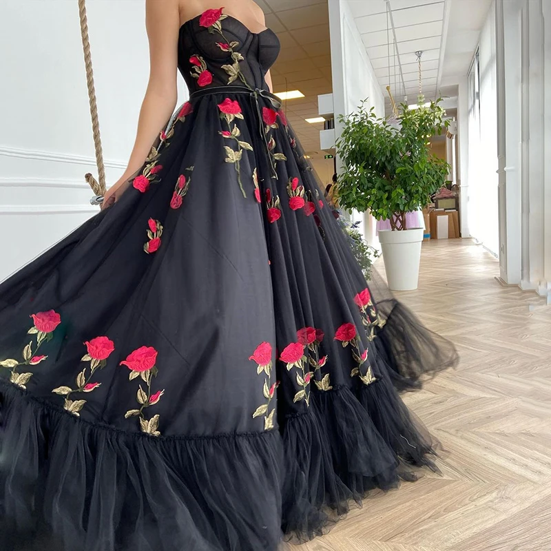 

Черное платье для выпускного вечера, милое Тюлевое платье без рукавов с цветочной аппликацией розы, элегантное вечернее платье-трапеция, дл...