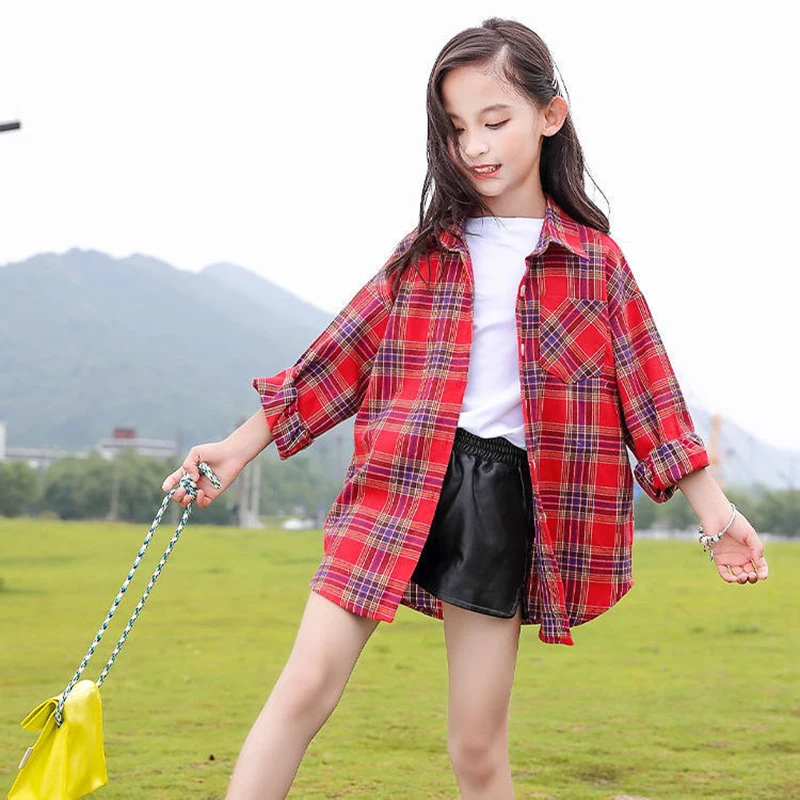 

Girls Shirts Simple Design Loose Blouses Shirts Kids Autumn Spring Long Sleeve Plaid Shirt Single-breasted Blouse Top Outerwear