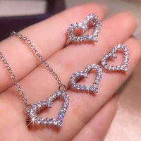 2021 new silver plate luxury big love heart shape hollow design earring ring jewelry set micro inlaid zircon necklace for women