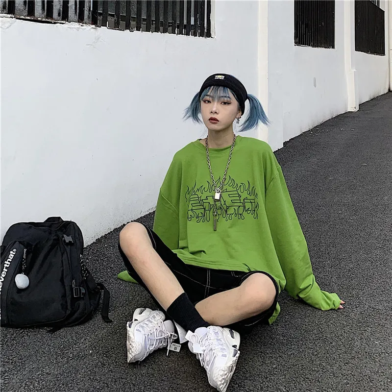Lychee Harajuku, чистый цвет, длинный рукав, женская футболка, пламя, буквенный принт, осень, женская футболка, свободная, зеленая, женская футболка