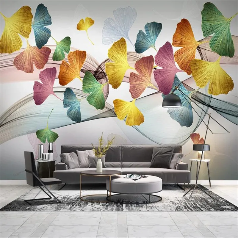 

Milofi 3D wallpaper small fresh and light luxury Nordic modern minimalist hand-painted ginkgo leaf abstract line background wall