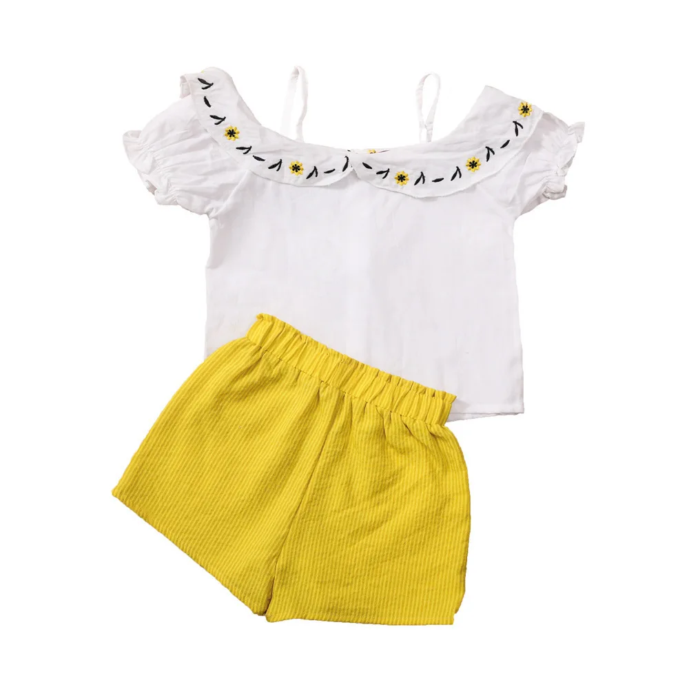 

Girls Summer Suit Korean Toddler Girl Fashion Strapless Embroidered Short-sleeved Top + Shorts Two-piece Sets Baby Girl Outfit