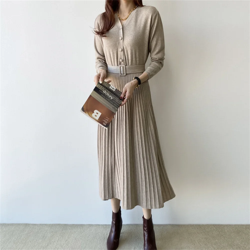 

Women Dress Free Shipping Elegant V Neck Single Breasted Thicken Sweater Dress 2021 Autumn Knitted Belted Female A Line Vestido