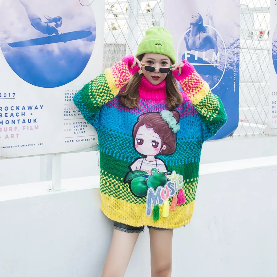 Vefadisa Autumn Cartoon Turtleneck Pullovers Sweater Stripe Long Sleeve Tassel Casual Woman 2019 QYF508 | Женская одежда