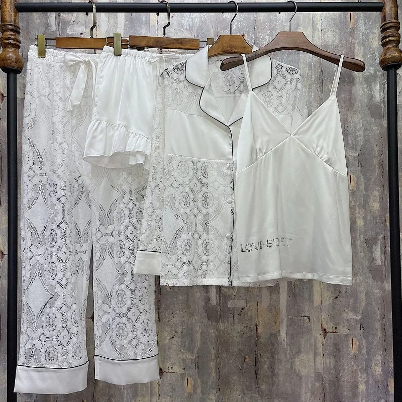 

The new ladies' four-piece pajamas suit, comfortable fashionable lace home wear,sexy pajamas with hot diamonds for all seasons,