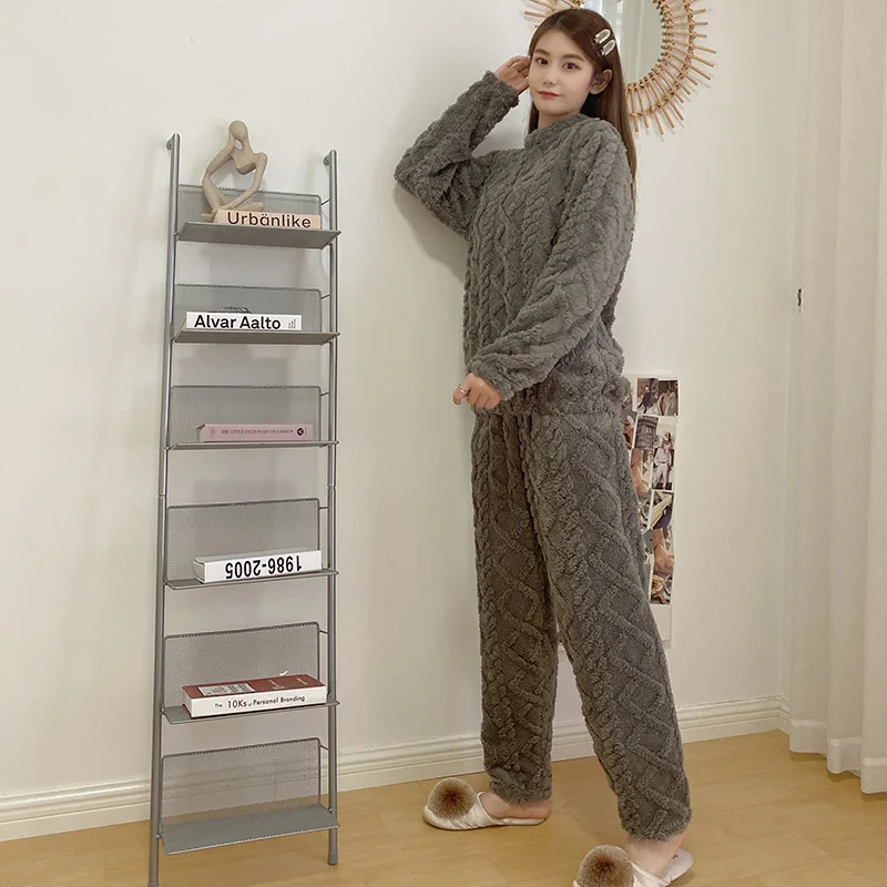 QWEEK Couple's Pajama Blue Gray Pink Warm Women's Pijamas Winter Coral Fleece Pyjamas Solid Color Round Neck Home Suit Nightwear