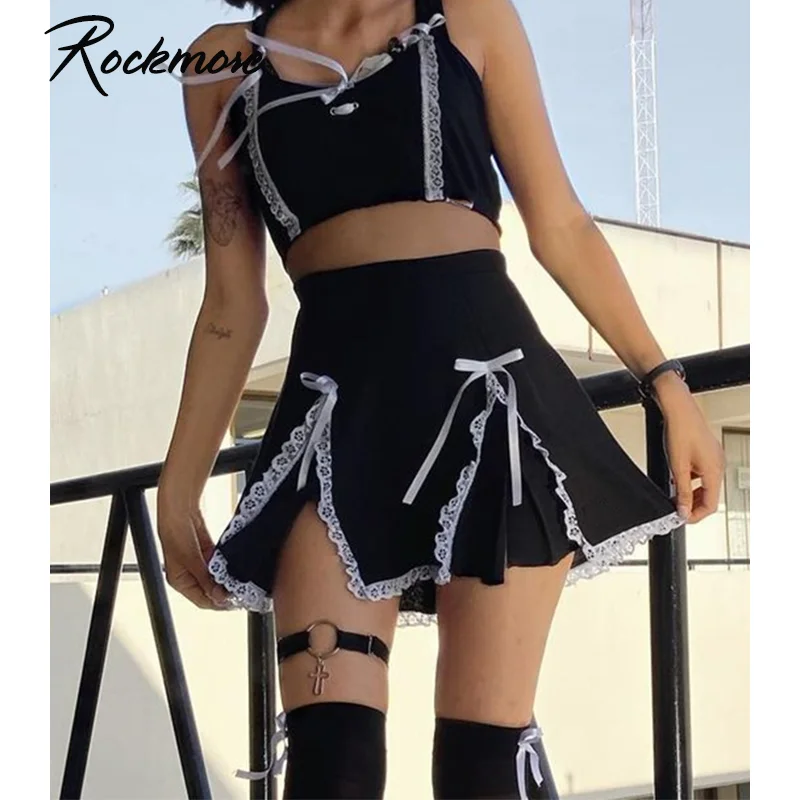

Rockmore Gothic Lace Pleated Mini Skirts Y2K Vintage High-waisted Short Skirt Women Night Club Party Skirt Summer Female Korean