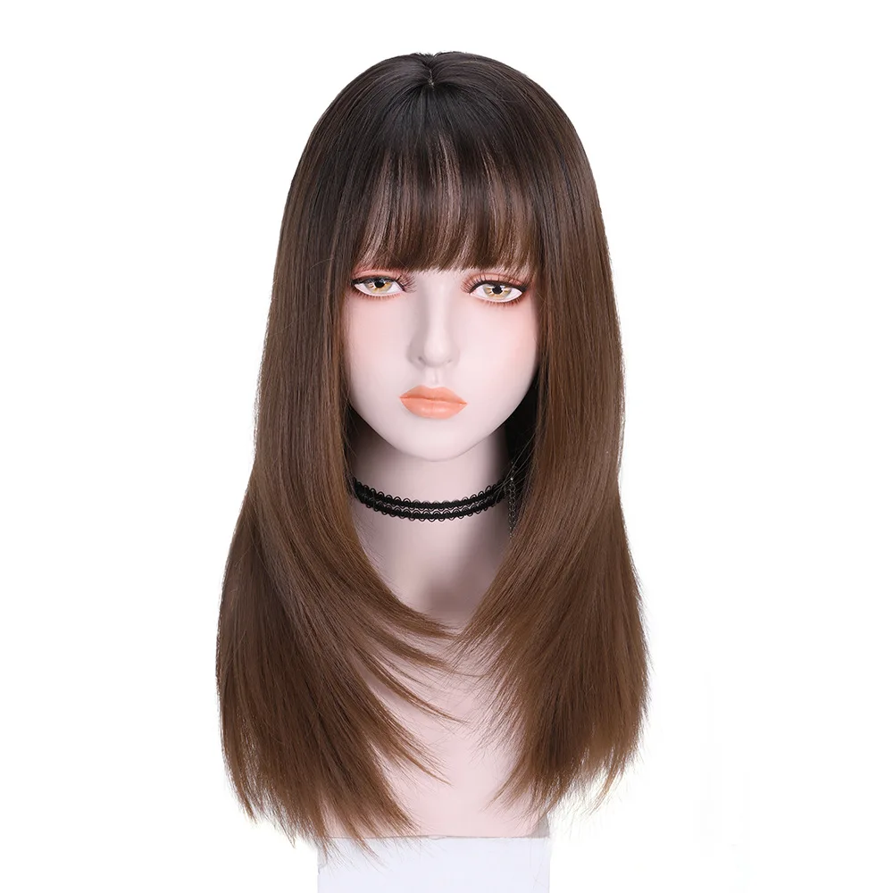 

Long Brown Cosplay Wig with air Bangs Straight Black Synthetic Wigs for White Women Cosplay Party Fake Hair Wigs