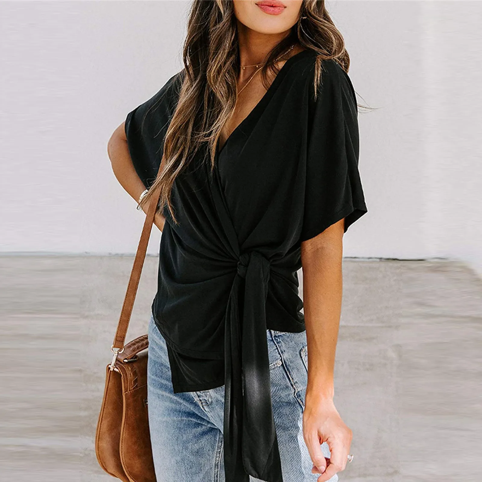 

Fashion Tops Short Sleeve Crushed Velvet T-shirt Round Neck Woman T shirt Top Black