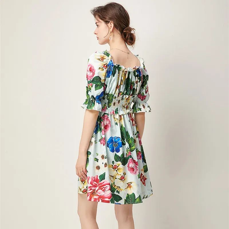 

Summer Runway Puff Sleeve Rose Floral Print Green Dress Women Off Shoulder Petel Buttons Pocket Elastic Waist Beach Boho Dress