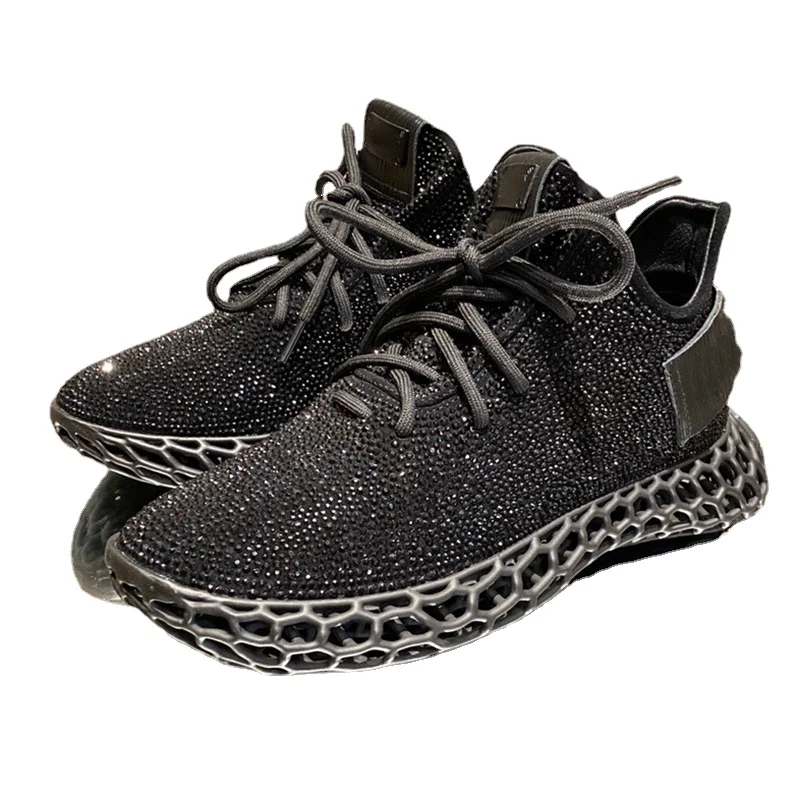 

2021 Flat Women's Sneakers Genuine Leather Shing Colored Diamonds Decorate Lace-Up Women Shoes Personalized Unisex Casual Shoes