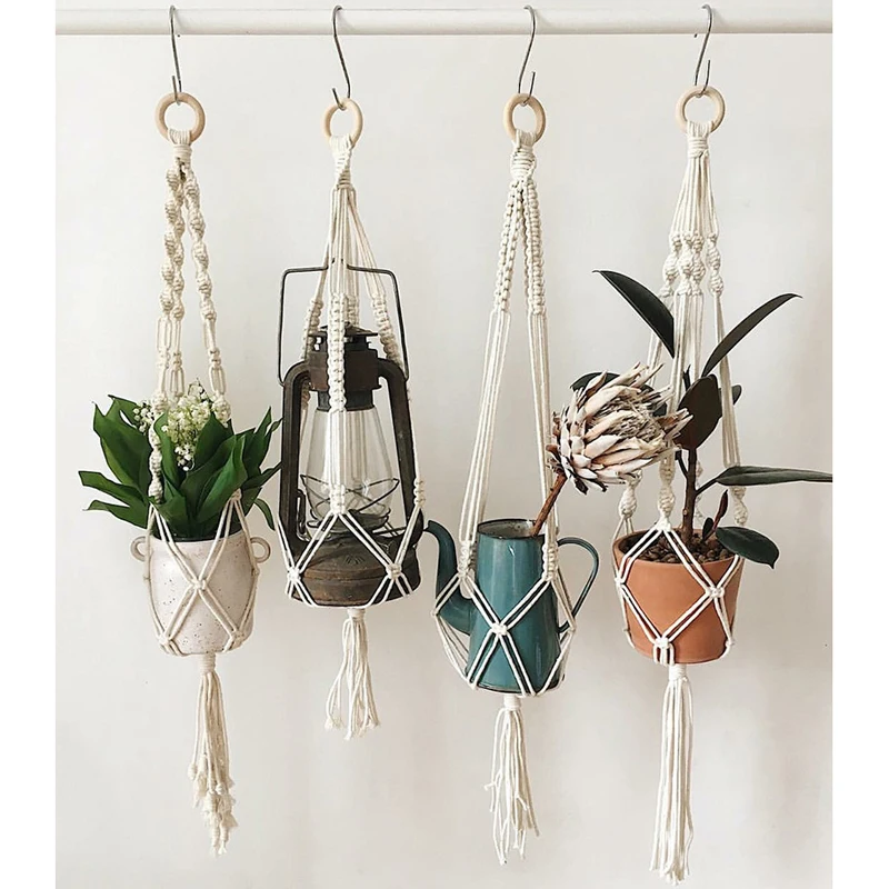 

Handmade Hanging Baskets Plant Hanger Flower Pot with Macrame Nordic Knotted Lifting Garden Pots Planters for Indoor Countyard