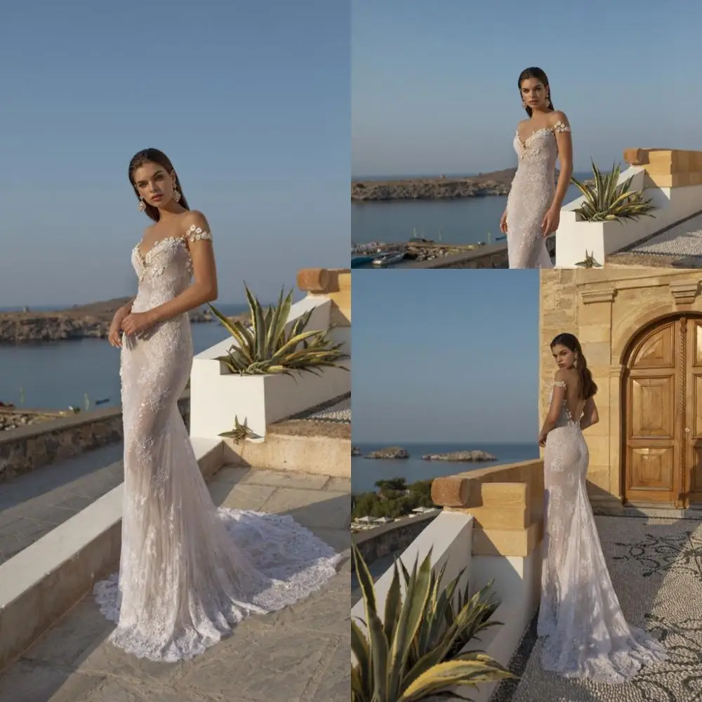 

Женское свадебное платье с юбкой-годе, кружевное платье с аппликацией из бисера и драгоценным камнем, со шлейфом и открытой спиной, лето 2020