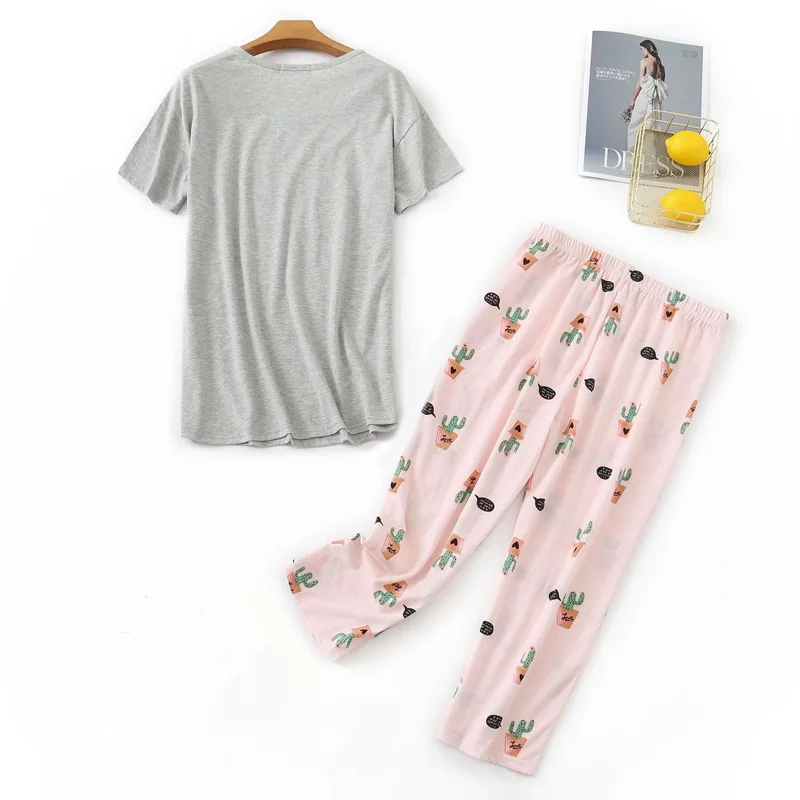 Women's Pajamas Pants Short Sleeve T-shirt 2 Piece/Set Sexy Hot Big Size Mom Home Top Women Cotton Sleepwear 2020  New Clothing
