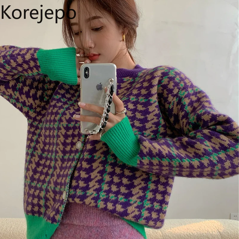 

Korejepo Women Cardigan 2021 Autumn Winter Korean Chic Houndstooth Retro Color Contrast Knitted Ladies Style Outer Wear Sweater
