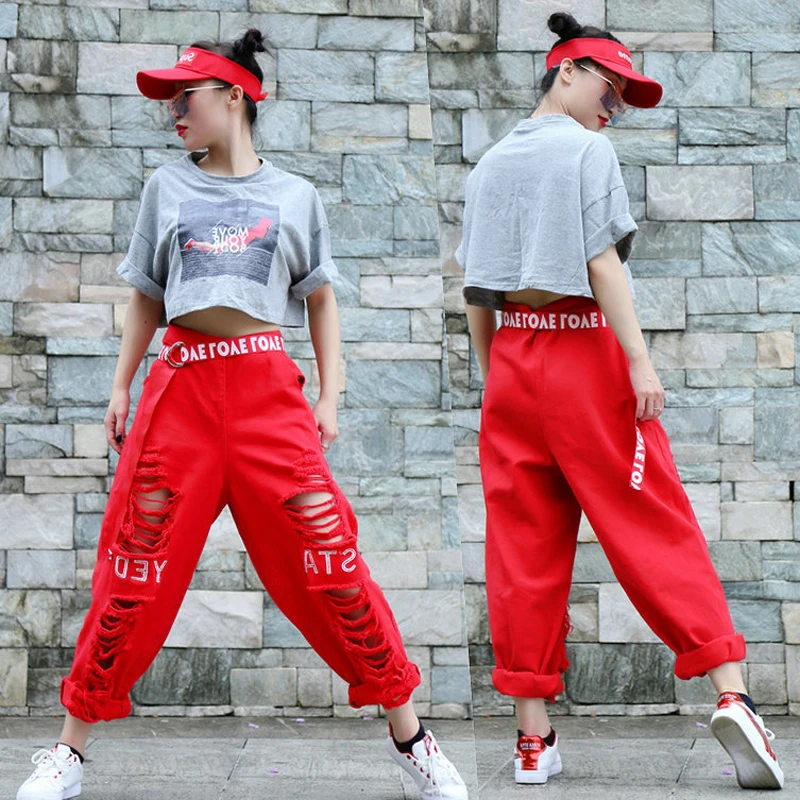 Женский костюм для уличных танцев в стиле хип-хоп красные свободные джинсы
