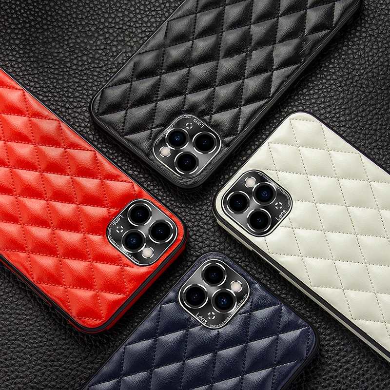 

Hyso Luxury High Quality Lens Protection Shockproof Rhombus Plaid Leather Mobile Phone Case For iPhone 11 12 Pro Max Funda Coque