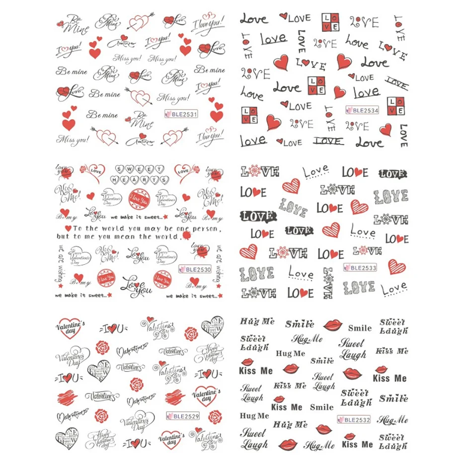 11 дизайнерские наклейки для ногтей с надписью Love Valentine переводные наклейки с водой милые комплекты украшения для маникюра BEBLE2524-BLE2534