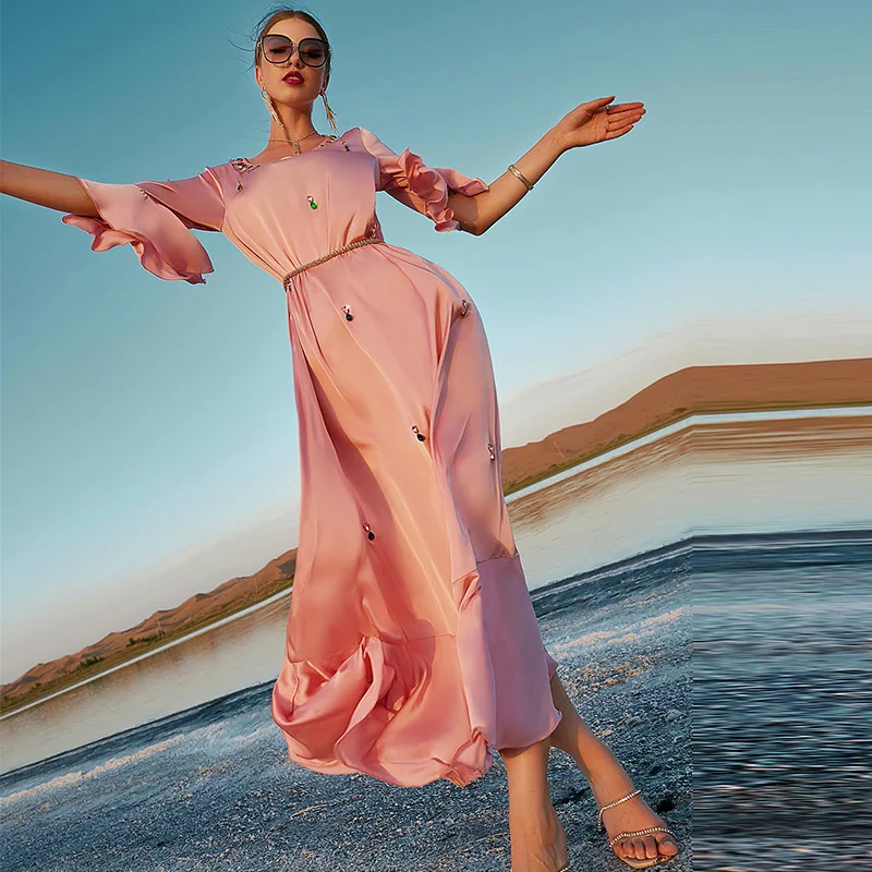 New Noble Luxury Muslim Women's Dress Diamond-studded Senior Pink Seaside Resort Long Skirt France Italy Abaya Evening Dress