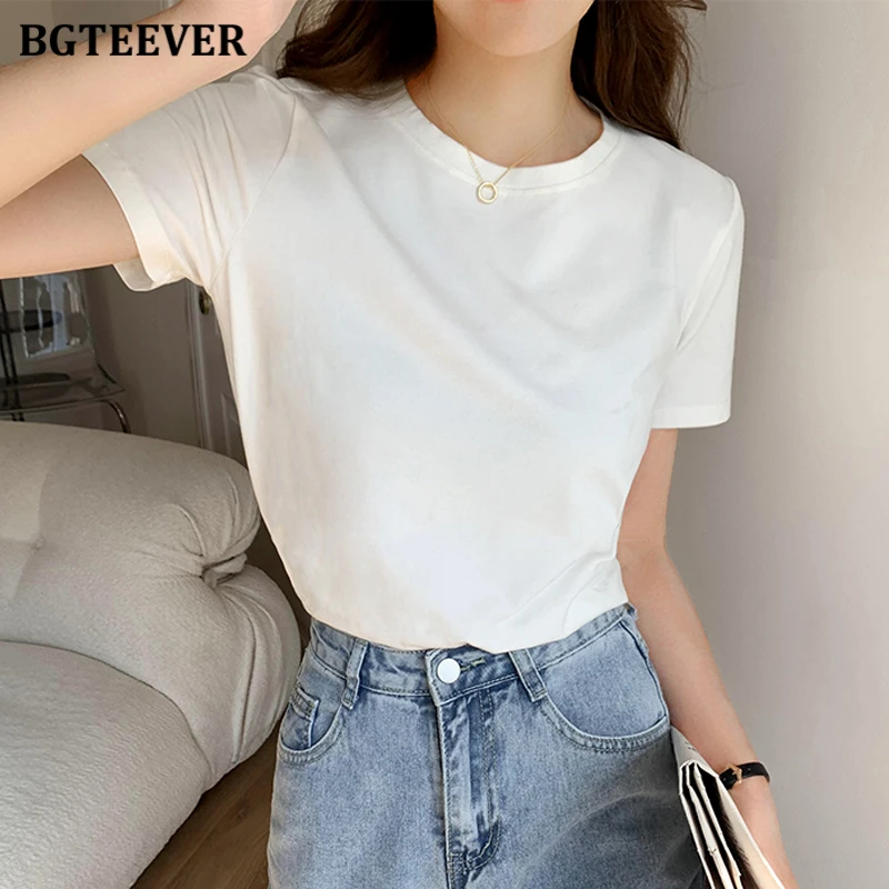 

Повседневный Женский пуловер BGTEEVER с коротким рукавом, Однотонная футболка с круглым вырезом, простая свободная футболка, 6 цветов, лето 2021